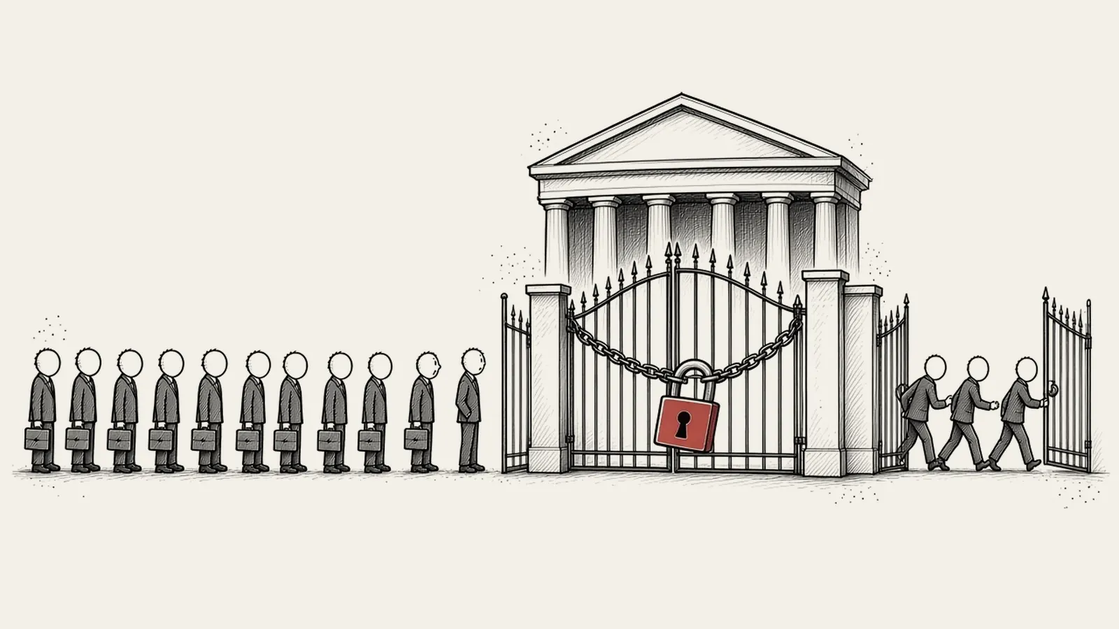 Sketch: a long queue of identical little figures with briefcases waits patiently at the chained main gate of a grand columned exchange building, locked with a big red padlock, while three figures in suits stroll in through an open side gate.