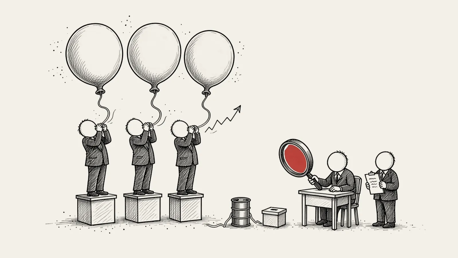 Sketch: three blank-faced pundits on boxes each blow up a huge balloon, while at a small desk nearby a calm checker holds a big red magnifying glass up to the small oil barrel and ballot box tied beneath them, and a colleague takes notes on a clipboard.