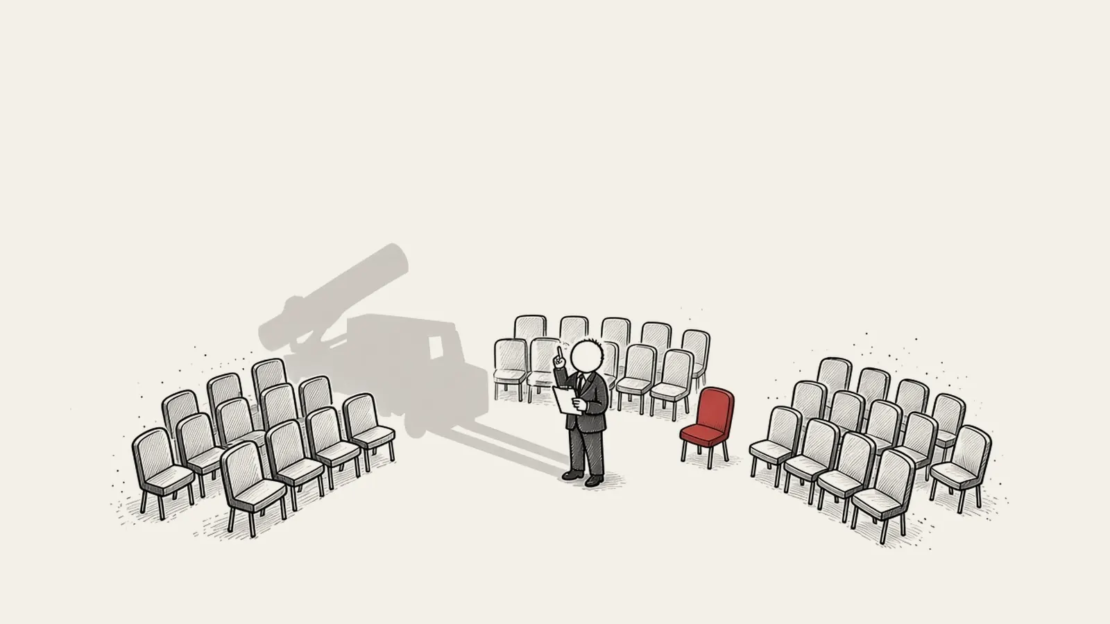Sketch: a semicircle of empty parliament seats in three uneven groups, with one red seat in a gap, as a lone official with a clipboard counts them; the long grey shadow of a missile launcher, itself out of the picture, falls across the seats on the left.