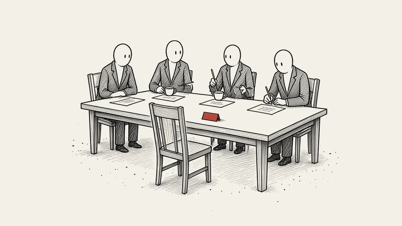 Sketch: four blank-faced envoys in identical suits talk and take notes around a long negotiating table, while at its near end one chair stands pulled out and empty, with a small blank red place card in front of it.