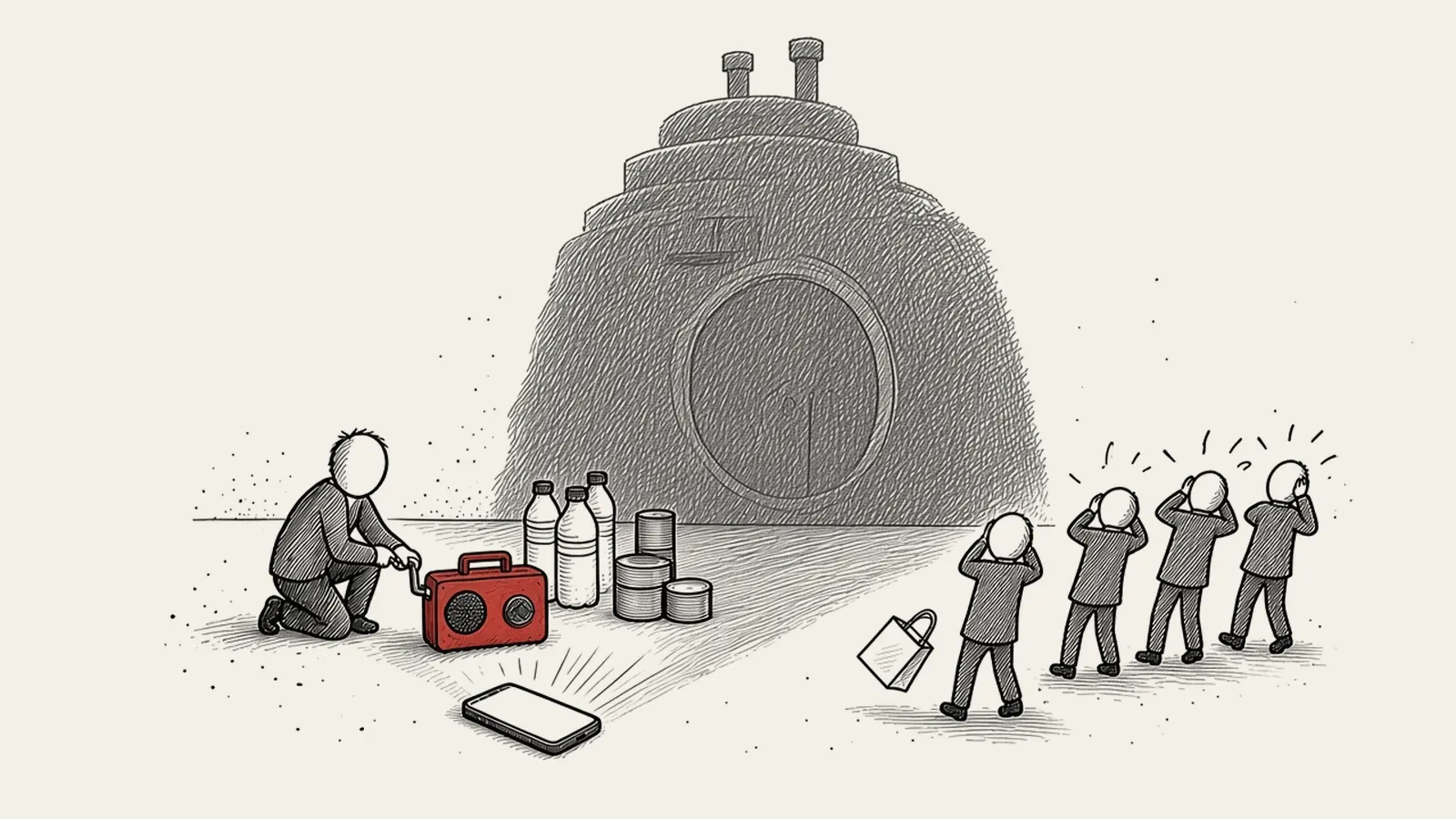 A small home emergency kit of water bottles, tins and a wind-up radio casts a giant doomsday-bunker shadow on the wall, as onlookers panic and one person calmly winds the radio.